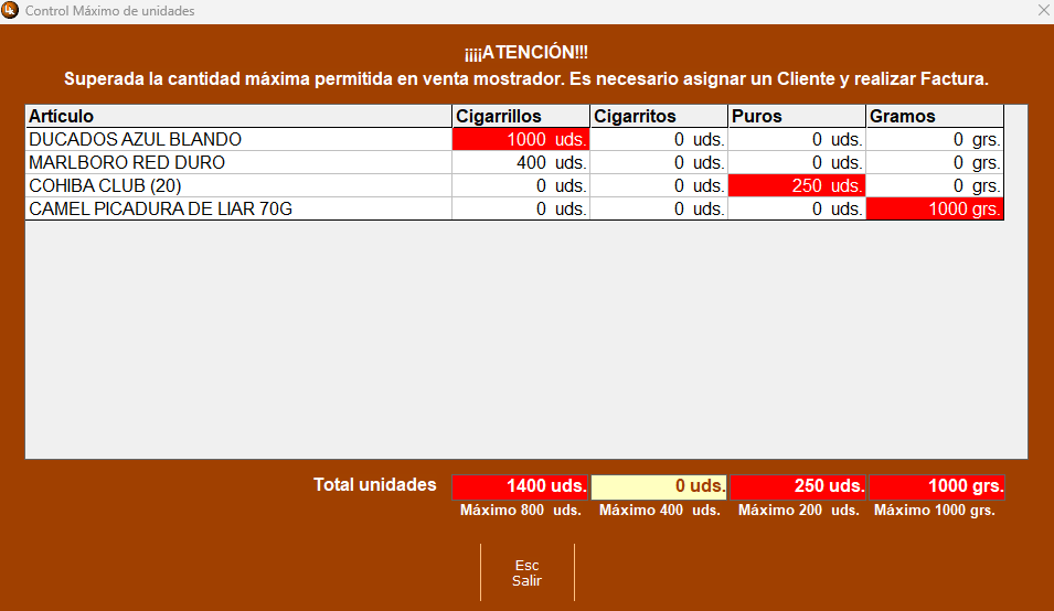 Aviso de venta máxima en el punto de venta