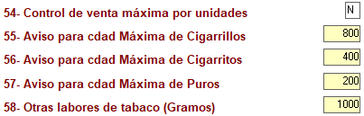 Parámetros del control de venta máxima