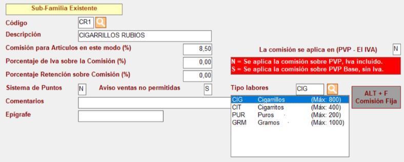 Configuración del tipo de labor en subfamilias